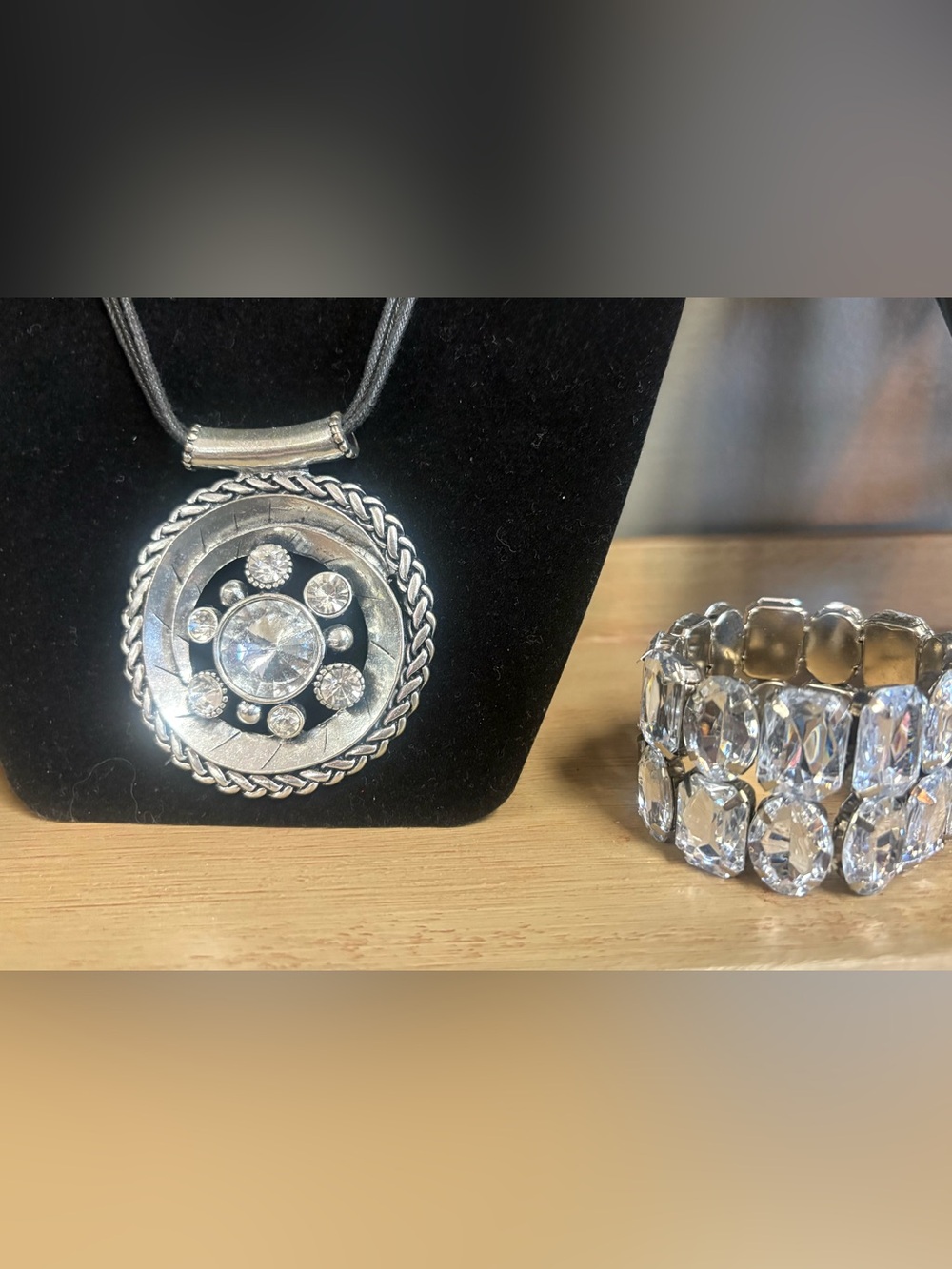 Silver-Tone Rhinestone Statement Pendant Necklace with Bracelet